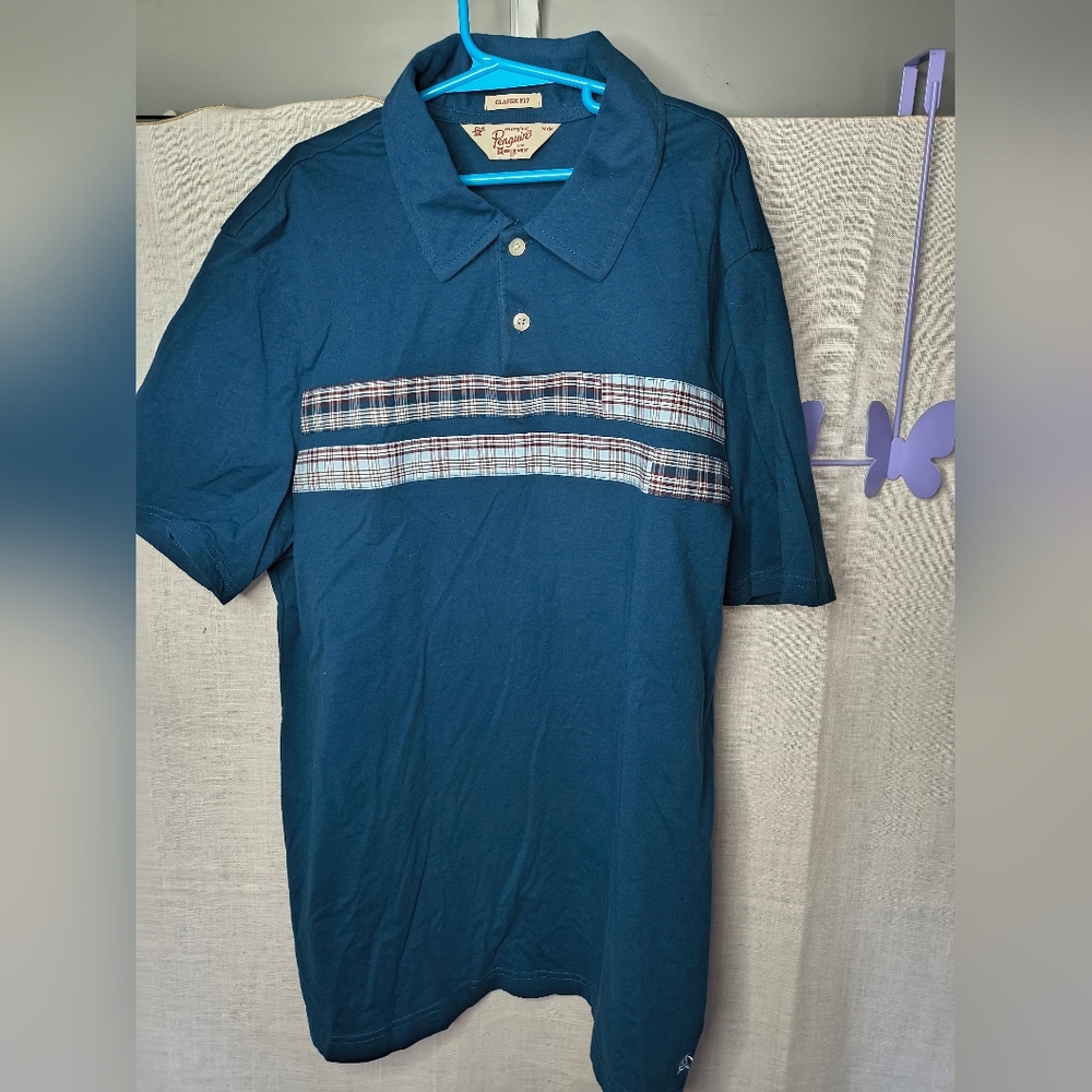 Original Penguin Blue Polo with Plaid Detail